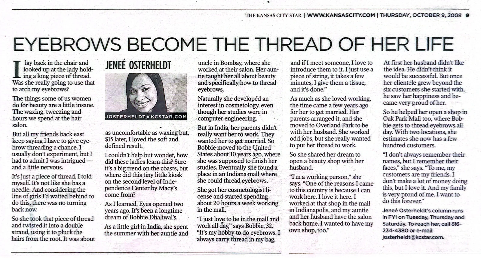 The Kansas City Star — Eyebrows Become the Thread of Her Life, October 2008